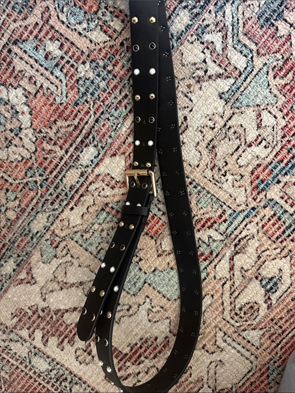Black Studded Leather Belt with Gold Buckle
